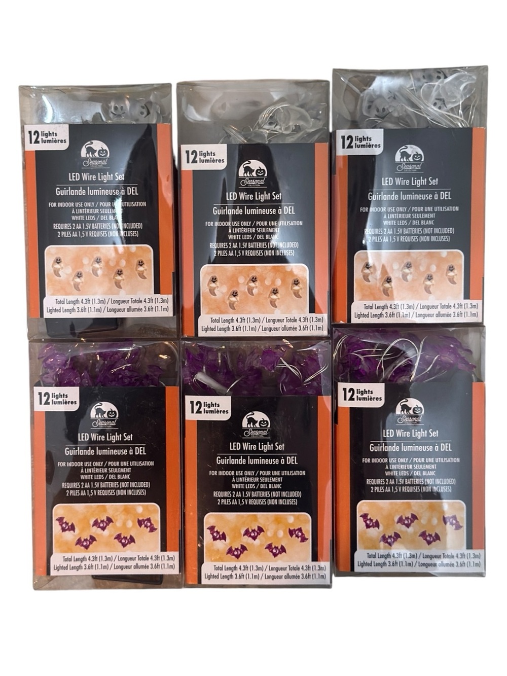 6 Pack Halloween 12 CT White Ghost and Purple Bat Decorative String Light Sets